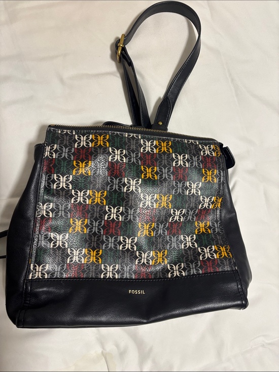 Fossil Handbags - Fossil Black Shoulder Bag with Multicolor Logo Pattern